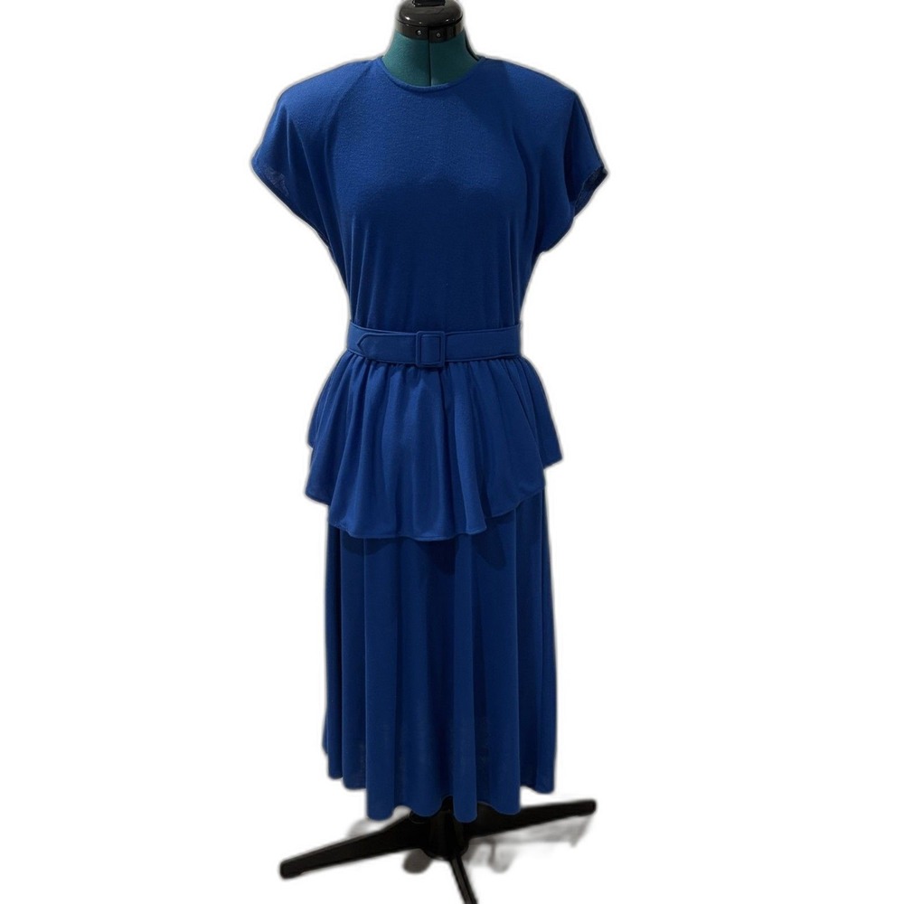 Vintage 1980s Positive Attitude Blue Belted Womens Dress Retro